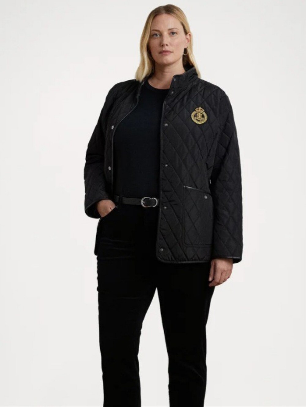 Lauren Ralph Lauren Jacket Womens Large Black Quilted Embroidered Crest Snap Zip